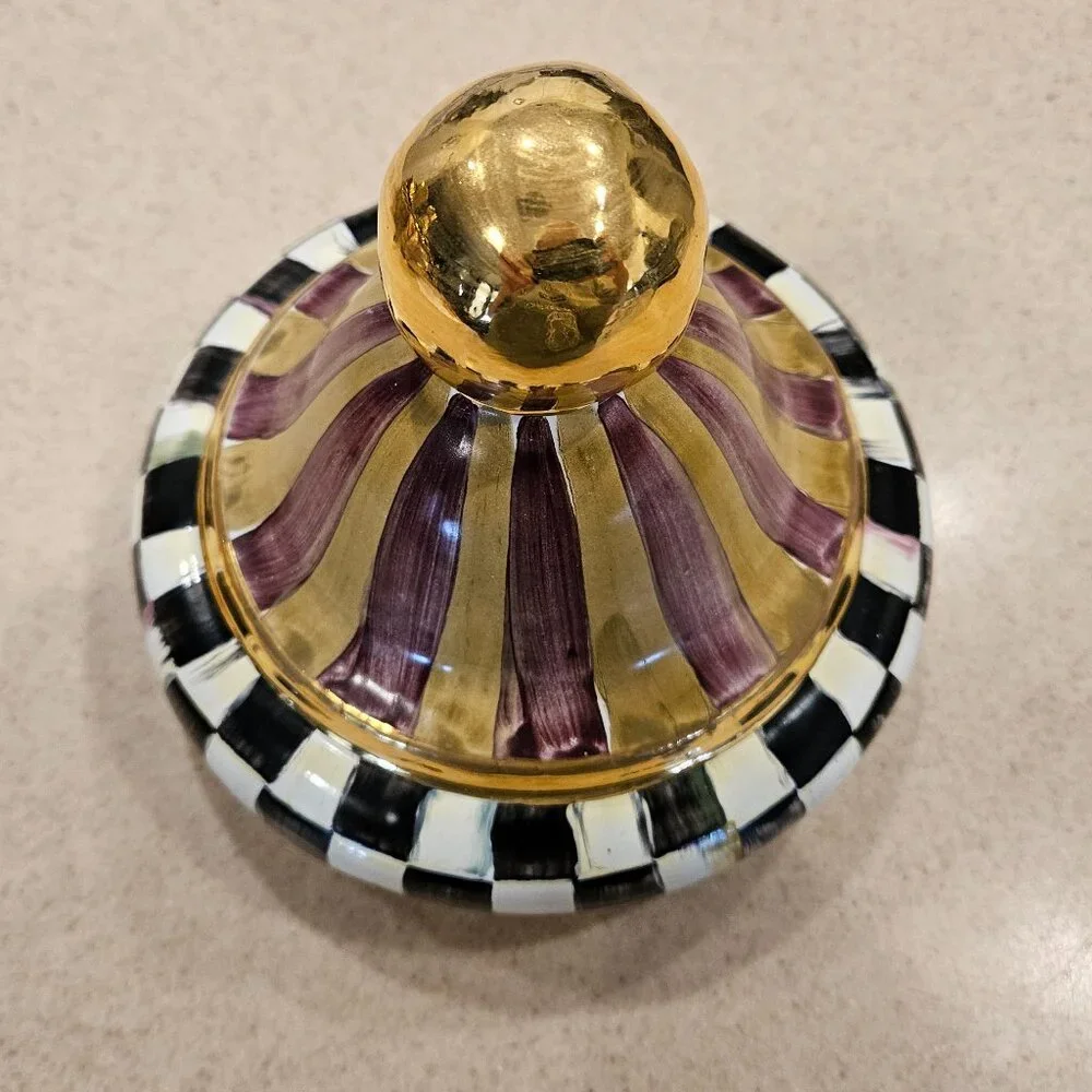 RARE MACKENZIE CHILDS ARGYLE PLAID AURORA CERAMIC COLUMN STORAGE CANISTER JAR
